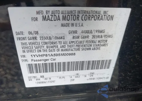 2009 Mazda Mazda6 I Sport z USA, uszkodzony, nr VIN 1YVHP81A595M00988